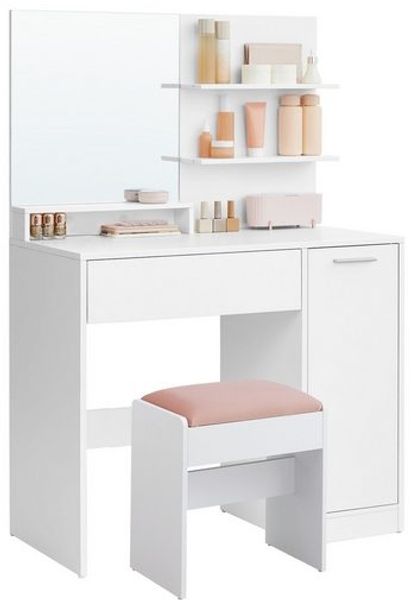 VASAGLE Kailyn Kollektion - Schminktisch mit Hocker, Frisiertisch mit Spiegel, Kosmetiktisch, Schublade und offene Ablagen, Schrank mit 2 verstellbaren Ablagen, weiß