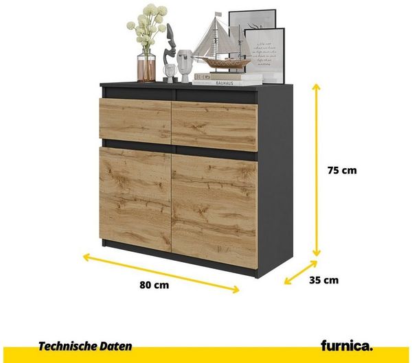 Furnica Kommode NOAH 2 Schubladen und 2 Türen - Anthrazit Grau H75cm B80cm T35cm