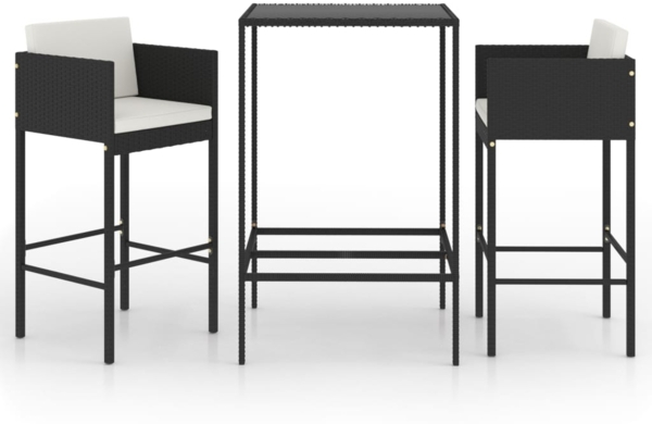 vidaXL 3-tlg. Gartenbar-Set mit Kissen Poly Rattan Schwarz 3094787