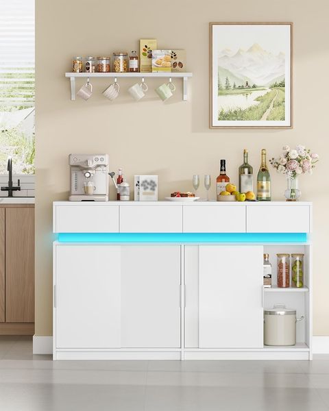 Sideboard mit 4 Schubladen, Küchenschrank mit 4 Schiebetüren, Buffetschrank mit Steckdosenleiste und LED-Licht, verstellbares Regal, Küche, Wohnraum, 40 x 140 x 85 cm, Weiß