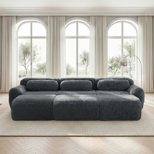 Modulares Sofa 73cm×291cm×179cm in Grau aus Plüsch – 3-Sitzer mit 3 Ottomans, rahmenlos und ohne Montage