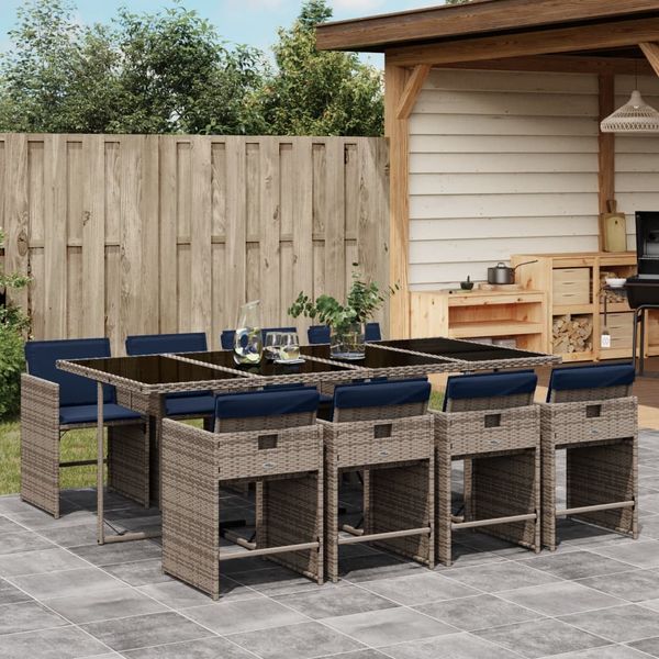 vidaXL 9-teiliges Garten-Ess-Set mit Kissen, grau, Polyrattan 3277872