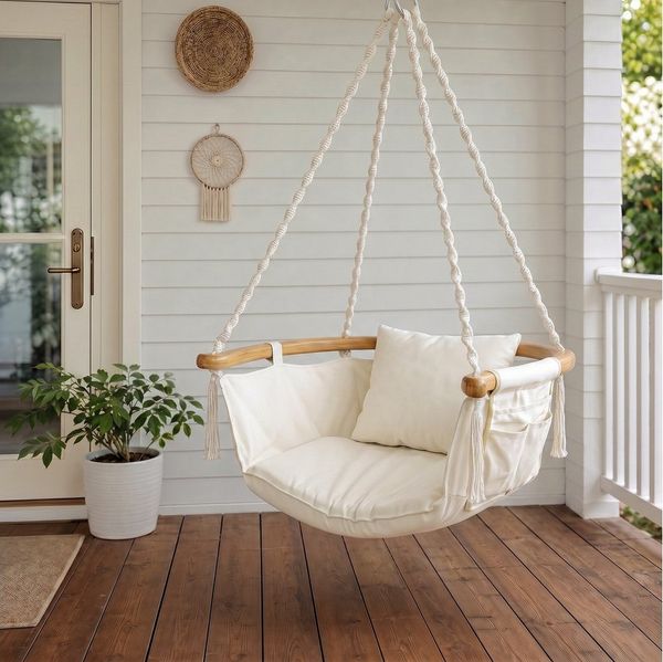 Sekey Hängesessel Hängesessel Hängestuhl Hängeschaukel mit Kissen bis 120 kg, Hängesitz mit Seitentasche Garten Terrasse Wohnzimmer Indoor Outdoor