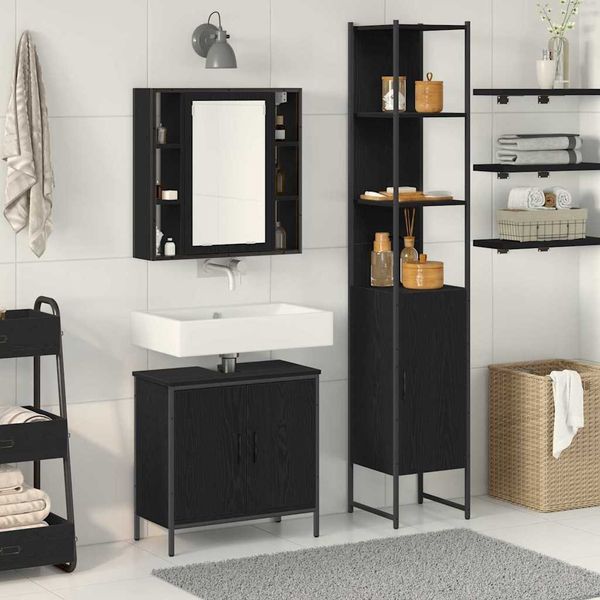 vidaXL Badezimmer Waschbeckenmöbel mit Tür 3 pcs Schwarz Holzwerkstoff 3334385