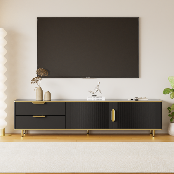 TV-Lowboard aus Spanplatte mit Schubladen & geschnitzten Türen, 175x40x45 cm, Schwarz/Gold