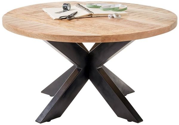 Massivart® Couchtisch ACE rund 80 cm / Mangoholz natur, Tischplattenstärke 30 mm / Stern-Gestell Metall schwarz