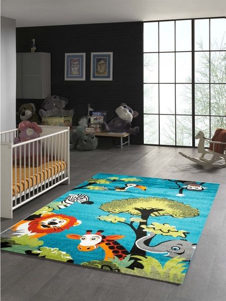 TeppichHome24 Kinderteppich Bunter Kinderzimmer-Teppich mit Waldtiere in Blau, rechteckig, Höhe: 11 mm
