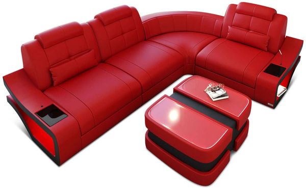 Mini Ecksofa Elena – Komfortabel und aus Leder - Echtleder - Rot-Schwarz - Rechts