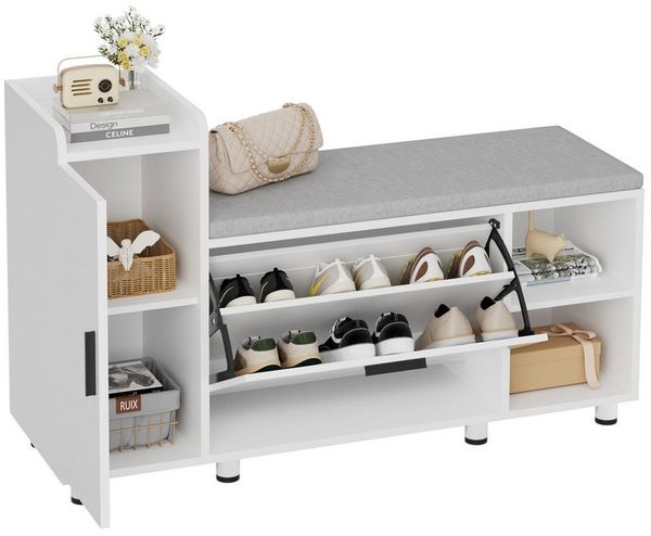 FiveWillowise Schuhschrank mit Sitzfläche & Stauraum, 105×34×67 cm, 3 Klappen & 8 Metallfüßen Weiß, Schuhbank mit Sitzfläche für Flur & Eingang