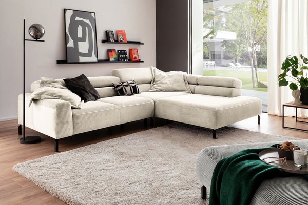 KAWOLA Sofa DELIA Ecksofa Cord cremeweiß mit motorischem Sitzvorzug Recamiere rechts 74 x 219 x 276 cm