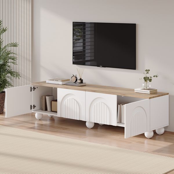 TV-Schrank 180 x 40 x 45 cm in Weiß und Holzoptik, aus MDF, mit 4 Türen und 6 Metallbeinen