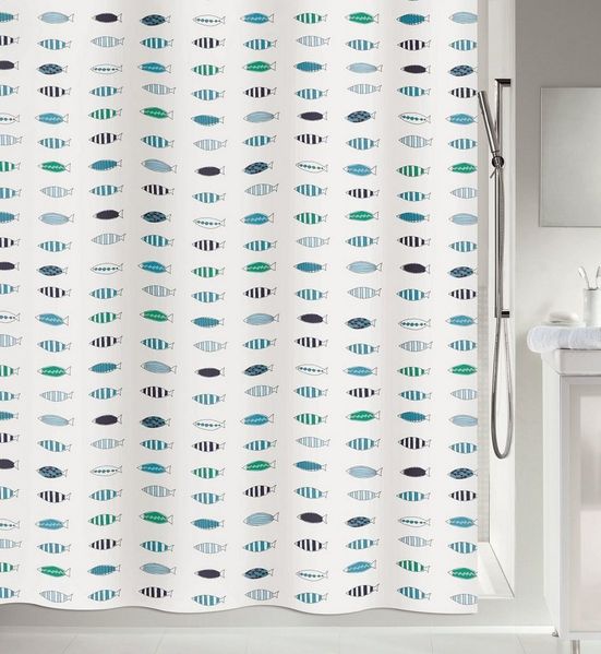 spirella Duschvorhang SANTORINI Breite 180 cm, Textil-Duschvorhang, 100% Polyester, wasserabweisend, Anti-Schimmel-Effekt, waschbar 30°, Made in Europe, Fische Motiv, Farbe weiß/blau, Größe 180x200 cm