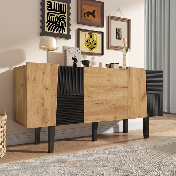 Sideboard 140x40x70 cm, Eichenoptik mit 2 Schubladen & 4 Türen, Massivholzbeine, höhenverstellbare Einlegeböden,Eiche