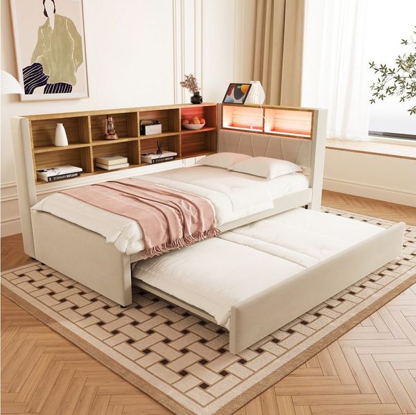 Merax Daybett 90x200cm mit Ausziehbett 90x190cm, Polsterbett Schlafsofa Tagesbett mit LED, Steckdosen und Ablagefächern