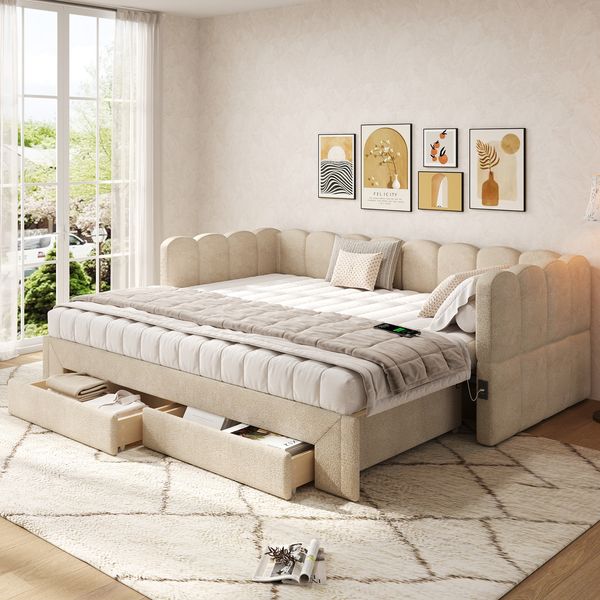 Merax Einzelbett, Polsterbett, 90x200 cm Daybett, Tagesbett, Sofabett, mit 2 Schubladen für Stauraum, Schlafsofa, Tagbett , ausziehbar auf 180 cm, mit USB-Anschluss, Chenille, Beige