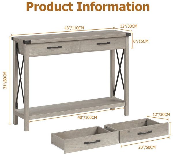 GarveeMore Konsolentisch,Beistelltisch mit 2 Schubladen und 1 regal,110x30x78cm, Holzkonsolentisch,Sofatisch für Eingangsbereich,Wohnzimmer,Flur,Foye
