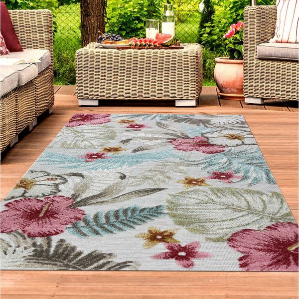 TeppichHome24 Outdoorteppich In- & Outdoor Teppich 3d-effekt Blumen Blätter Muster türkis bunt, Rechteckig