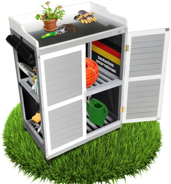 Coemo Gartenschrank Lola Holz Pflanztisch mit Arbeitsplatte, wasserabweisende PVC Wände Grau / Weiß