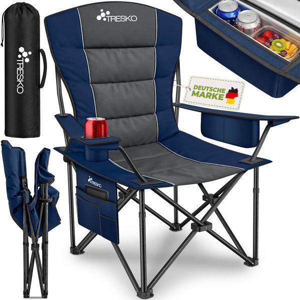 TRESKO® Campingstuhl Faltbar bis 200kg | Faltstuhl mit Kühltasche, Getränkehalter & Seitentasche | Klappstuhl XXL inkl. Tragetasche | Angelstuhl gepolstert für Outdoor, Angeln, Festival & Garten