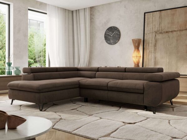 MKS Möbel 'Pablo L-Form' Ecksofa mit Schlaffunktion, verstellbare Kopfstützen, Braun, Samt, ohne Topper, Links
