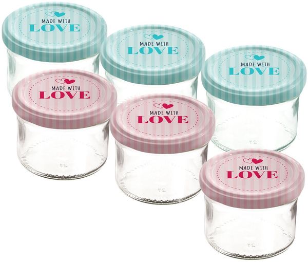 Spetebo Marmeladenglas Marmeladenglas mit bedrucktem Metall Deckel, Glas, (Set, 6-tlg, 6x Einweckglas), Einmachglas mit farbigem Schraubverschluss