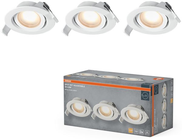 Osram Spot Set LED Einbaustrahler, 4,9W, 220lm, 2700K, Ø90mm Deckenspot, 120°, Weiß, schwenkbar, 3er-Set