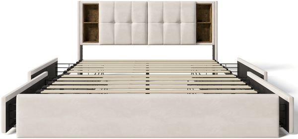Polsterbett 160x200 cm mit kabelloser Ladestation, USB/Typ-C-Anschluss & 4 Schubladen, Beige mit Stauraum,inklusive Matratze Bild 7