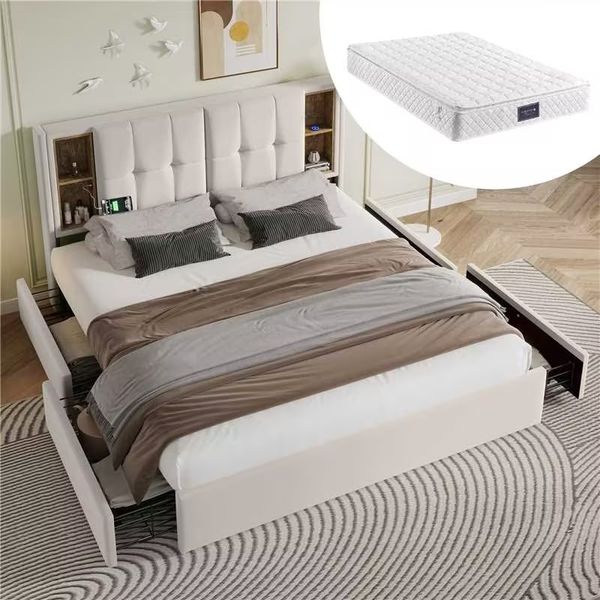 Polsterbett 160x200 cm mit kabelloser Ladestation, USB/Typ-C-Anschluss & 4 Schubladen, Beige mit Stauraum,inklusive Matratze