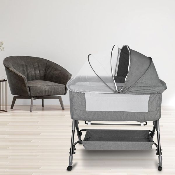 HUOLE 3 in 1 Beistellbett & Babywiege & Reisebett, 4-stufig Höhenverstellbares Babybett, neigbar, Kinderbett, Stubenwagen für Babys bis 25kg belastbar-104 * 52 * 100-110cm – Leinengrau