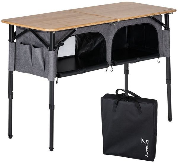 Skandika Campingtisch mit Schrank Tolja | Outdoor Bambus Klapptisch mit Stauraum, höhenverstellbar, klappbar, Campingschrank mit Einlegeböden, Tragetasche | Campingmöbel, Garten, Balkon