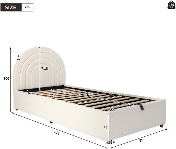 Polsterbett 90*200, Kinderbett,Einzelbett mit Lattenrost und Kopfteil, Jugendbett, für Erwachsene und Jugendliche geeignet, Holzlatten, einfache Montage, Boucle, Beige Bild 9