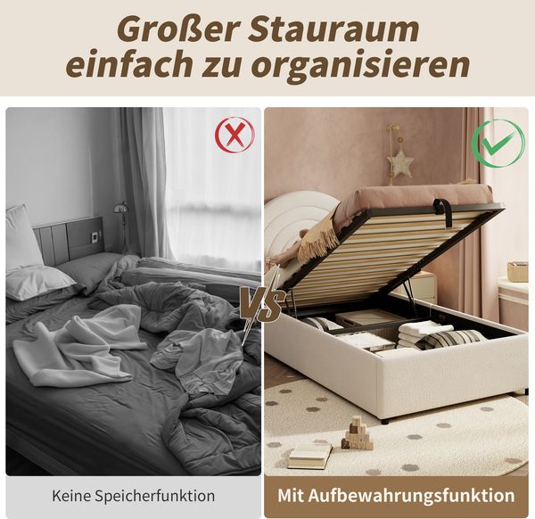 Polsterbett 90*200, Kinderbett,Einzelbett mit Lattenrost und Kopfteil, Jugendbett, für Erwachsene und Jugendliche geeignet, Holzlatten, einfache Montage, Boucle, Beige Bild 6