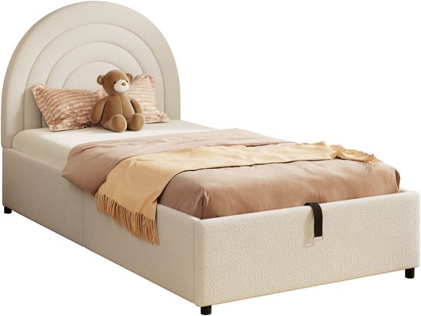Polsterbett 90*200, Kinderbett,Einzelbett mit Lattenrost und Kopfteil, Jugendbett, für Erwachsene und Jugendliche geeignet, Holzlatten, einfache Montage, Boucle, Beige Bild 10