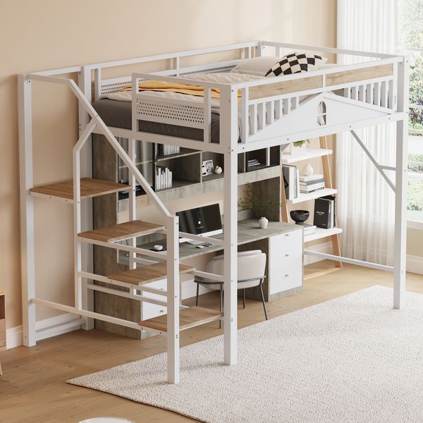 Metall-Hochbett 140 x 200 cm, Einzigartige Gehäuseform mit Fensterdesign, Mit Sicherheitsleiter, Viel Stauraum Unter Dem Bett, Weiß