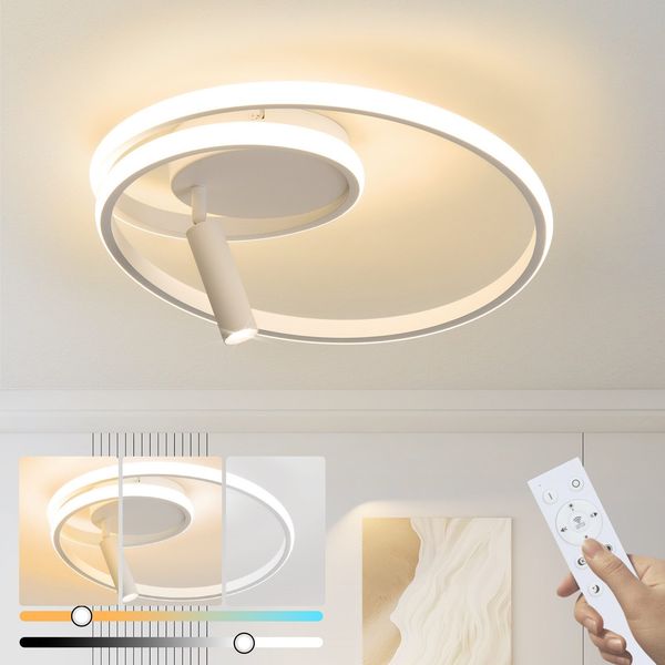 ZMH Deckenlampe LED Deckenleuchte Dimmbar: 40cm Schlafzimmerlampe Modern Design 37W Wohnzimmerlampe mit Strahler Weiß mit Fernbedienung Küchenlampe für Schlafzimmer Haus Wohnung Wohnzimmer