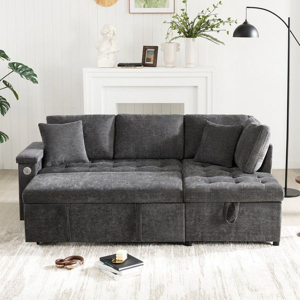Merax Ecksofa ausziehbares Schlafsofa mit Bettfunktion & USB-Ladeanschluss, Chenille Stoff, 209x130x84 cm 1 Teile, L-Form Sofa mit Armlehnenablage, Getränkehalter, 2 Kissen & Stauraum