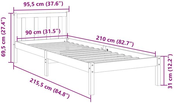 vidaXL Massivholzbett Extra Lang ohne Matratze Weiß 90x210 Kiefernholz 852431 Bild 9
