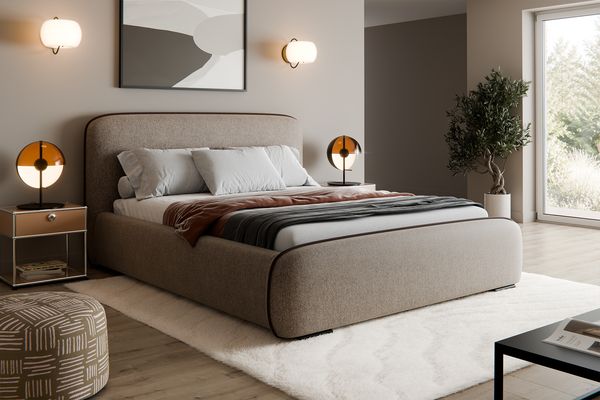 MEBLINI Polsterbett 200x200 mit Stauraum, Lattenrost und Bettkasten - Braun Webstoff/H3 Matratze - BELLION - Kopfteil Bett mit Stauraum - Doppelbett - Stauraumbett - Betten