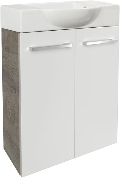 FACKELMANN SBC STANFORD Gäste WC Waschtisch Set 55 cm breit, Weiß/Braun hell, Waschbecken Keramik Weiß, Hahnloch rechts