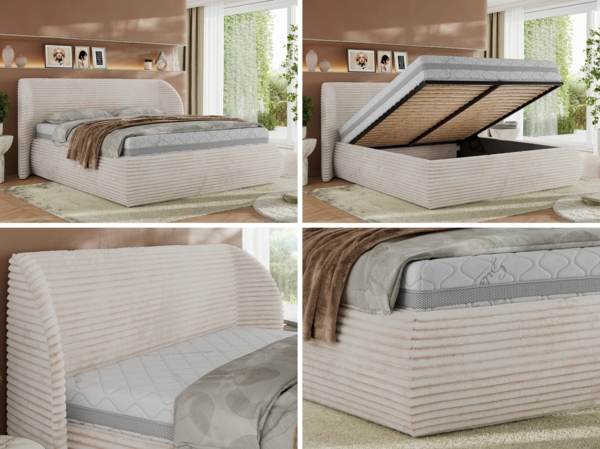 Polsterbett mit Lattenrost, Doppelbett Bettkasten, Bettgestell mit Gasdruckfeder Multipocket Matratze Härtegrad H3/H4 - CAELA CLASSIC - 140 x 200 cm - Beige Cord - ELORI LUX Bild 2