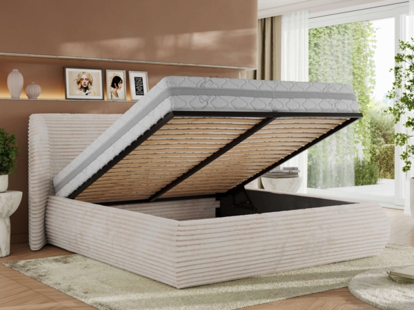 Polsterbett mit Lattenrost, Doppelbett Bettkasten, Bettgestell mit Gasdruckfeder Multipocket Matratze Härtegrad H3/H4 - CAELA CLASSIC - 140 x 200 cm - Beige Cord - ELORI LUX Bild 3