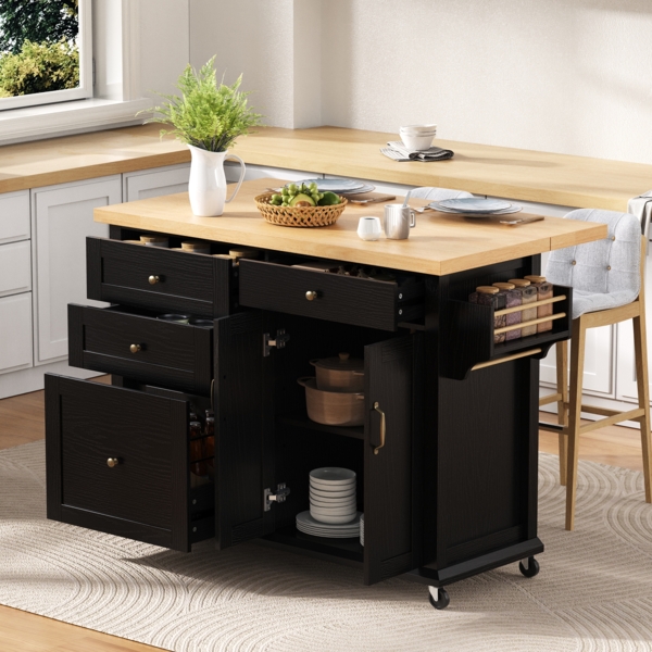 Merax Kücheninsel mit Rollen und ausziehbarem Esstisch, Küchenwagen mit Multifunktions-Schubladen, Ideal für Küche und Esszimmer (Schwarz)
