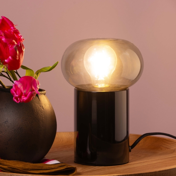 Brilliant Tischleuchte Knut mit Rauchglas, 22 cm Höhe, E27, schwarz matt