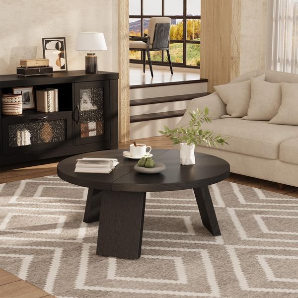 GarveeHome 85cm Runder Couchtisch, Moderner Runder Holztisch Mit Schrägen Beinen, Akzent-Cocktailtische Für Wohnzimmer, Schlafzimmer, Einfache Montage, Schwarz