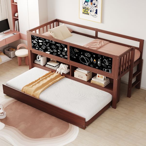 Kinderbett Massivholz mit Ausziehbett & Tafel, 90x200 cm, Braun, ohne Matratze