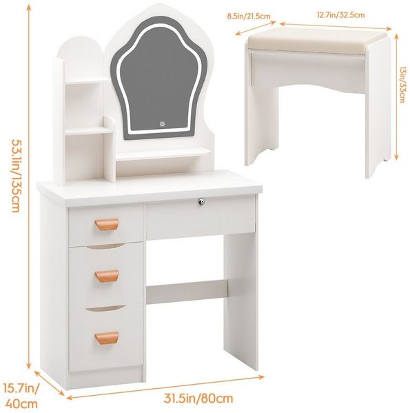 Rutaqian Schminktisch Schminktisch mit Beleuchtung Schminktisch mit Spiegel und 4 Schubladen, Dressing Table mit Hocker und LED Licht, Makeup Tisch 135 x 80 x 40 cm