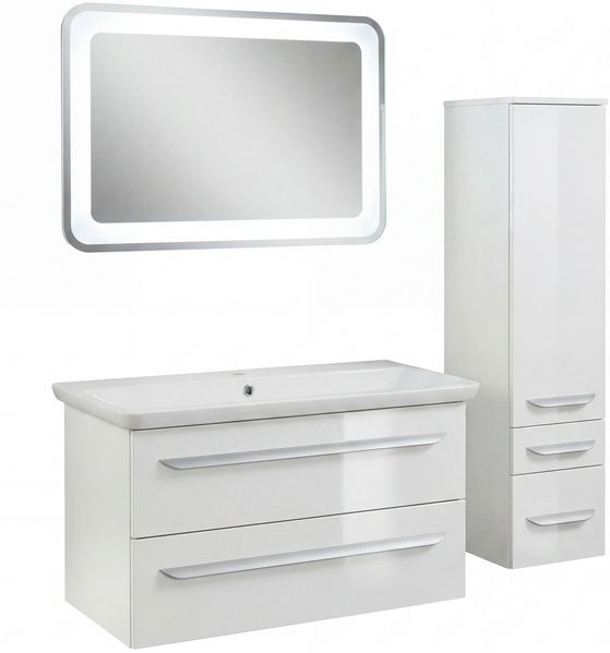 Lanzet M9 Badmöbel Set 5-teilig, 100 cm breit, Weiß, LED Spiegelelement + Midischrank