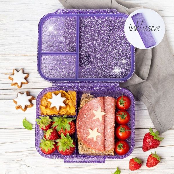 LEKKABOX Lunchbox Mini Glitzer Brotdose, 3 Fächer - Kinder Bento Box Vesperdose Brotbox, Für feuchte Lebensmittel auslaufsichere Bento Box, inkl. extra Trenner