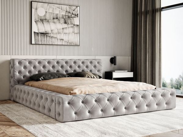 GRAINGOLD Palini Polsterbett 140x200, mit gepolstertes Kopfteil, gestepptes Bett, Bettkasten, Velour-Stoff, Grau