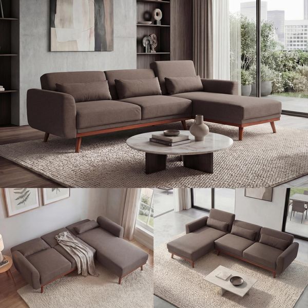 Sofa HWC-J20, Couch Ecksofa, L-Form 3-Sitzer Liegefläche Schlaffunktion Stoff/Textil 280cm ~ braun